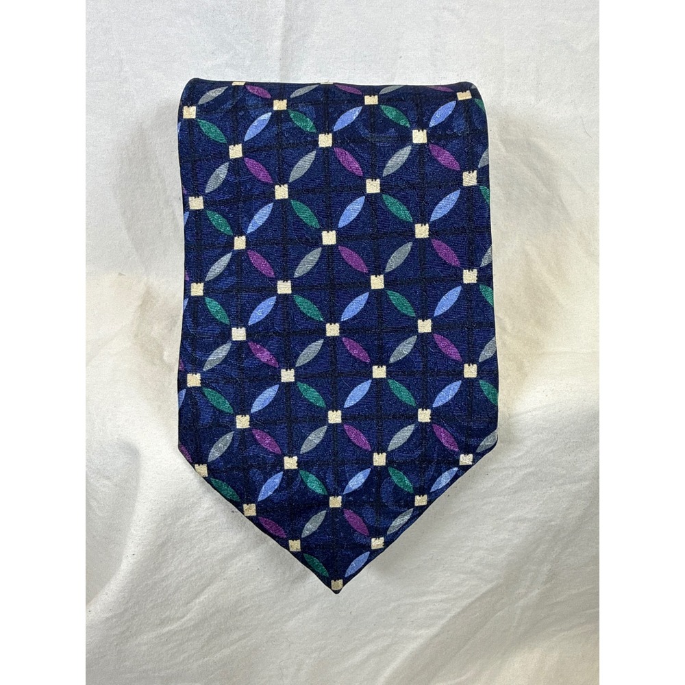 Christian Dior Monsieur Mens Geometric Medallion Silk Tie Navy Blue Purple USA